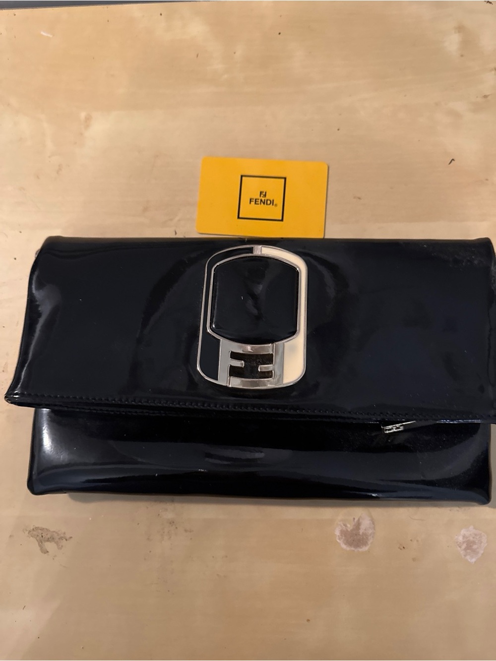 Fendi Black Patent Leather Clutch with Silver FF Buckle